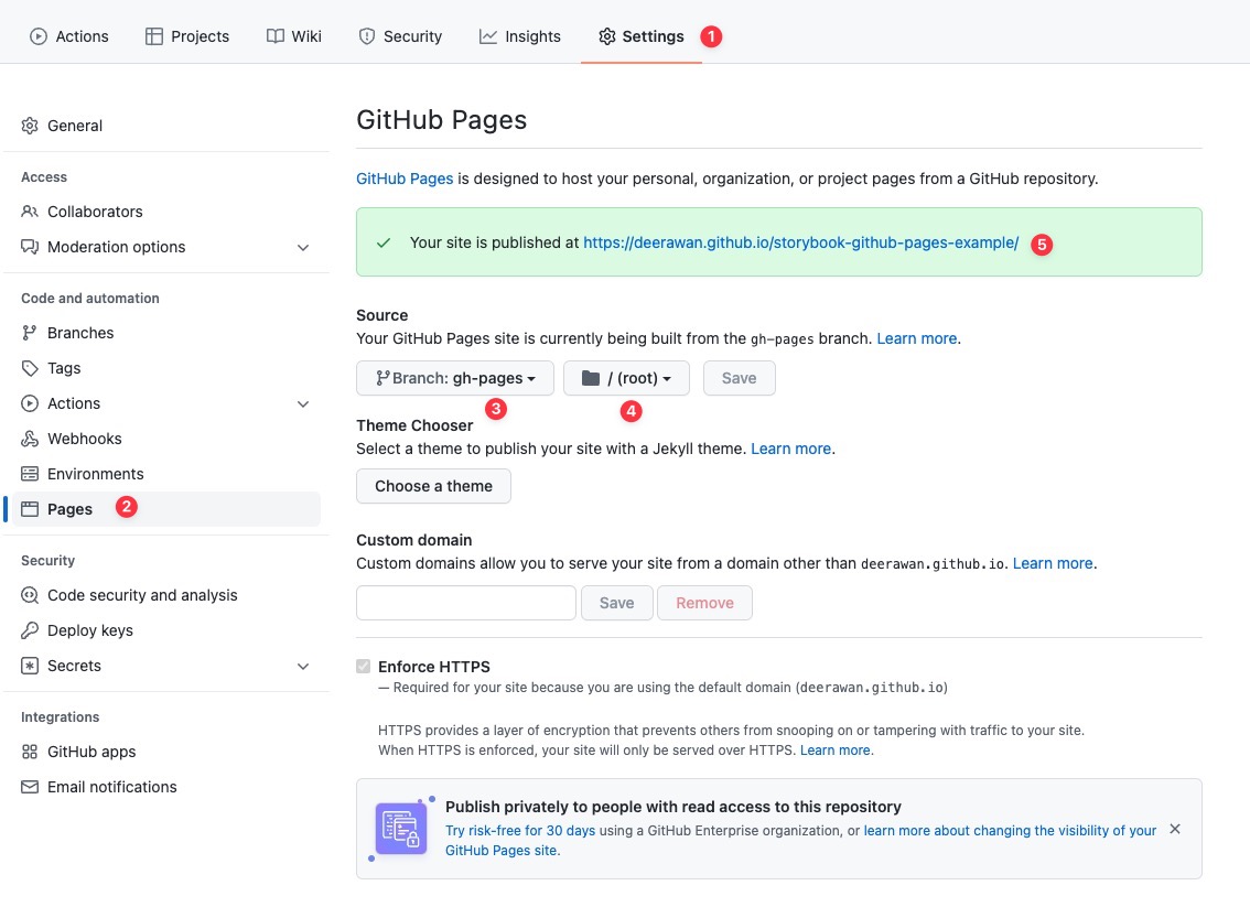 storybook github pages setting